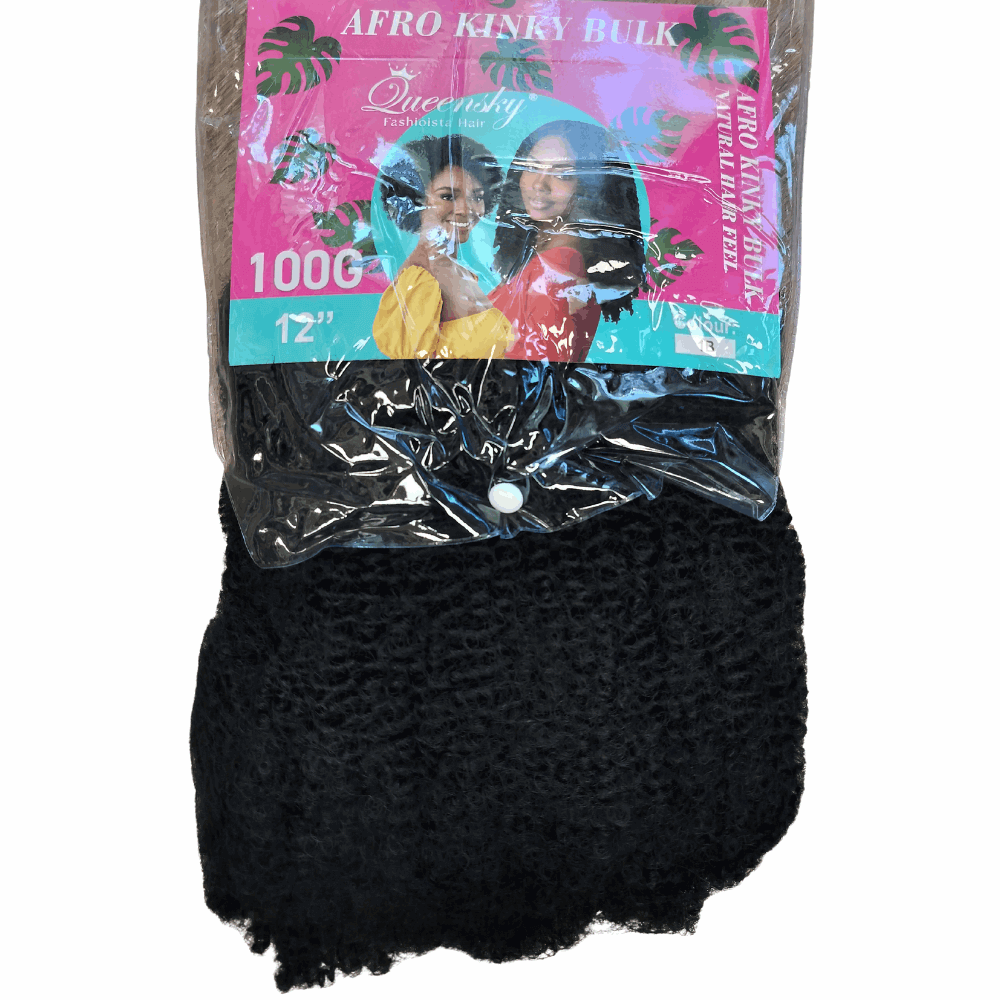 100g 12" Soft Texture Afro Kinky Bulk Hair Extension in a package, showcasing its natural texture and style options.