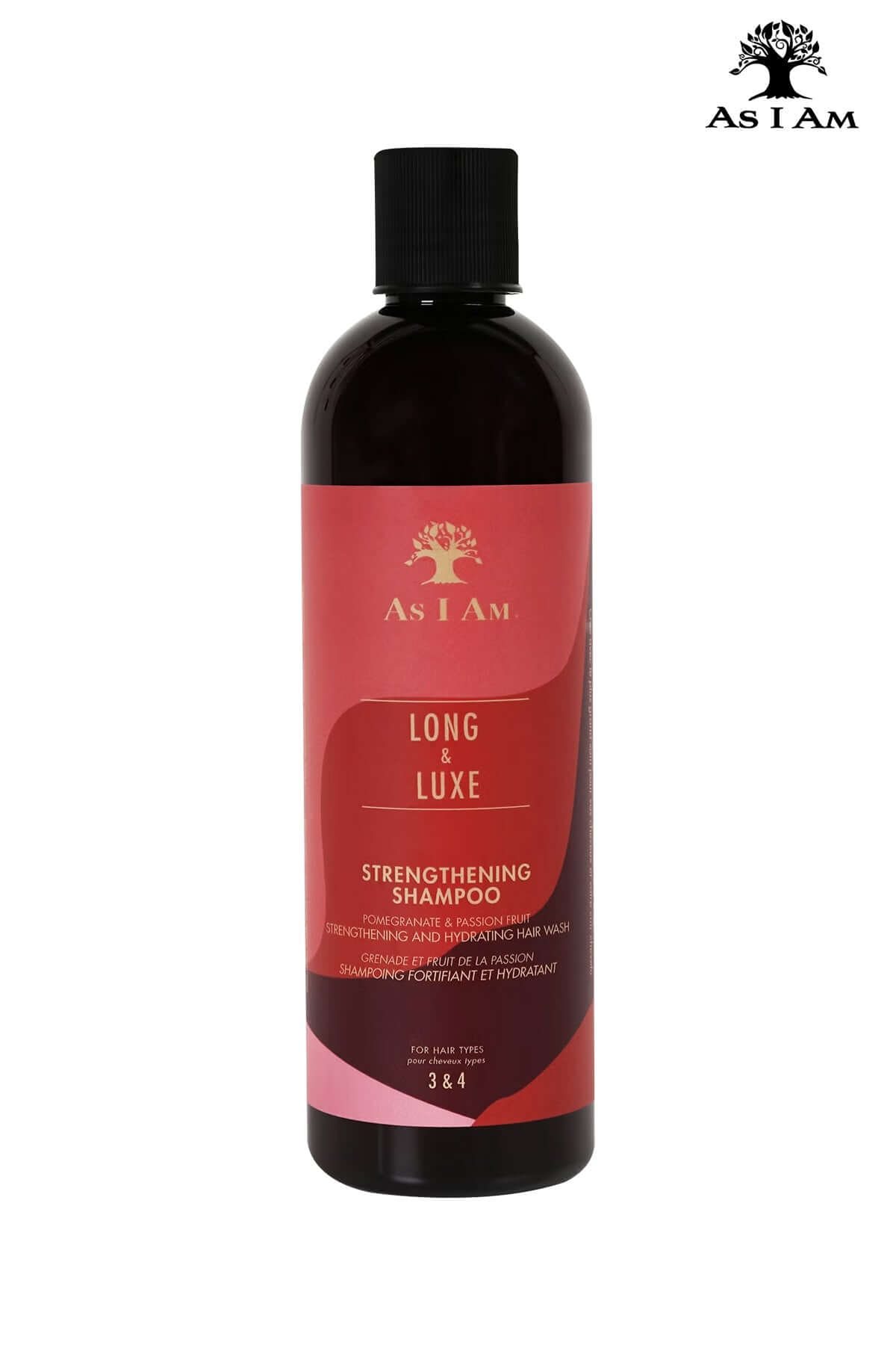AS I AM Long and Luxe Strengthening Shampoo (12oz) bottle with pomegranate and passion fruit extracts.