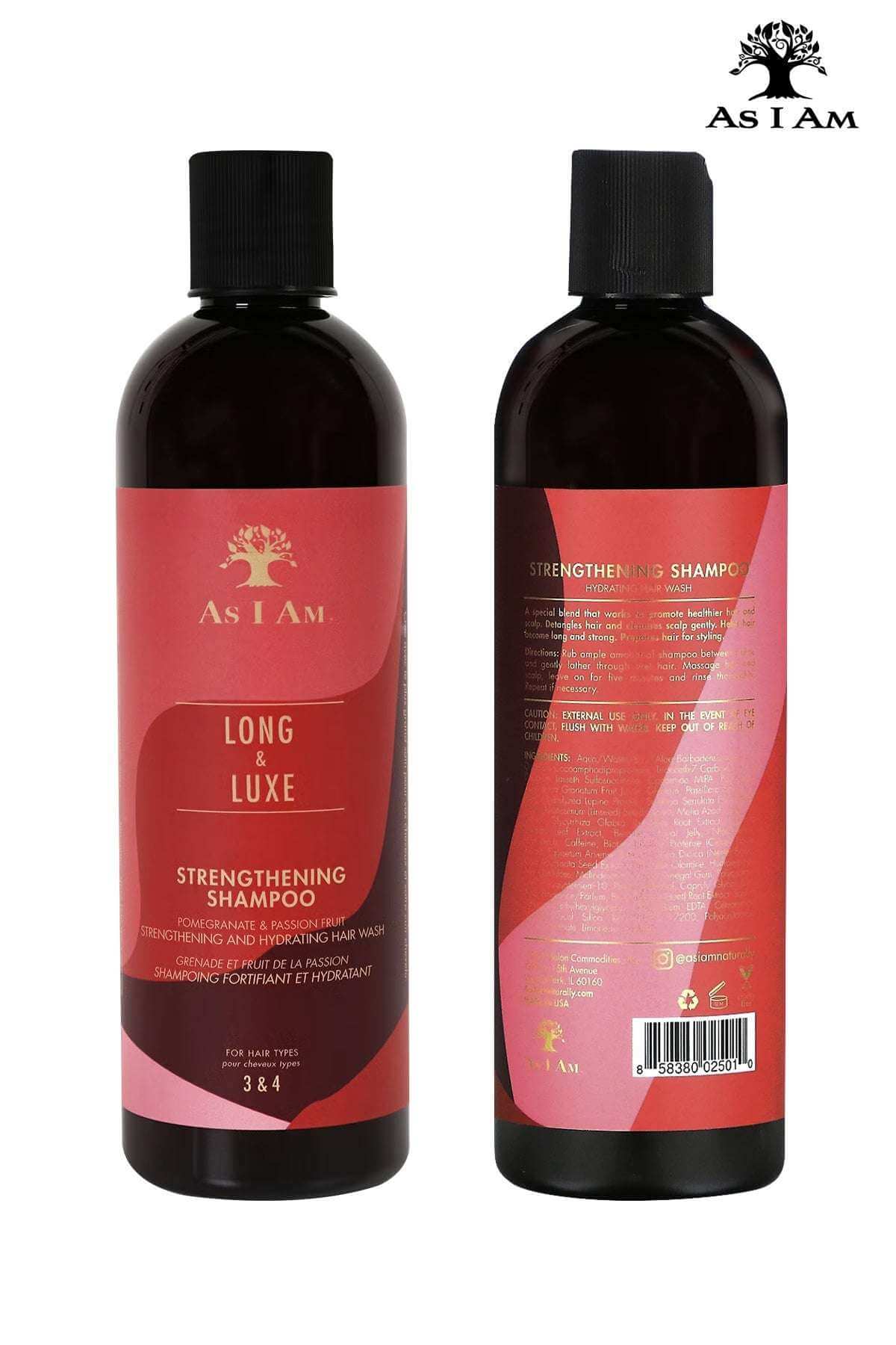 AS I AM Long and Luxe Strengthening Shampoo (12oz) bottle front and back view on a white background