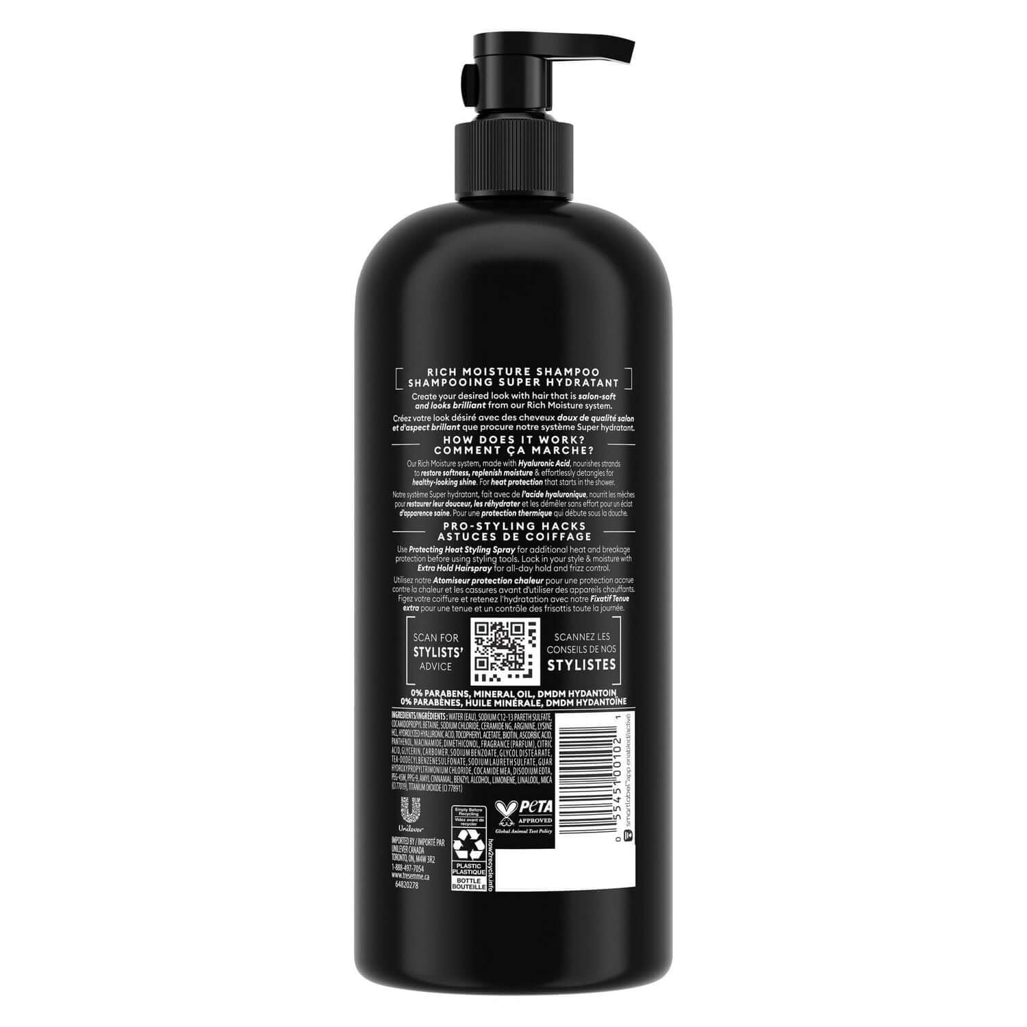 TRESemmé Rich Moisture+ Hyaluronic Plex Hydrating Shampoo bottle with pump, rich design and product information on the back.