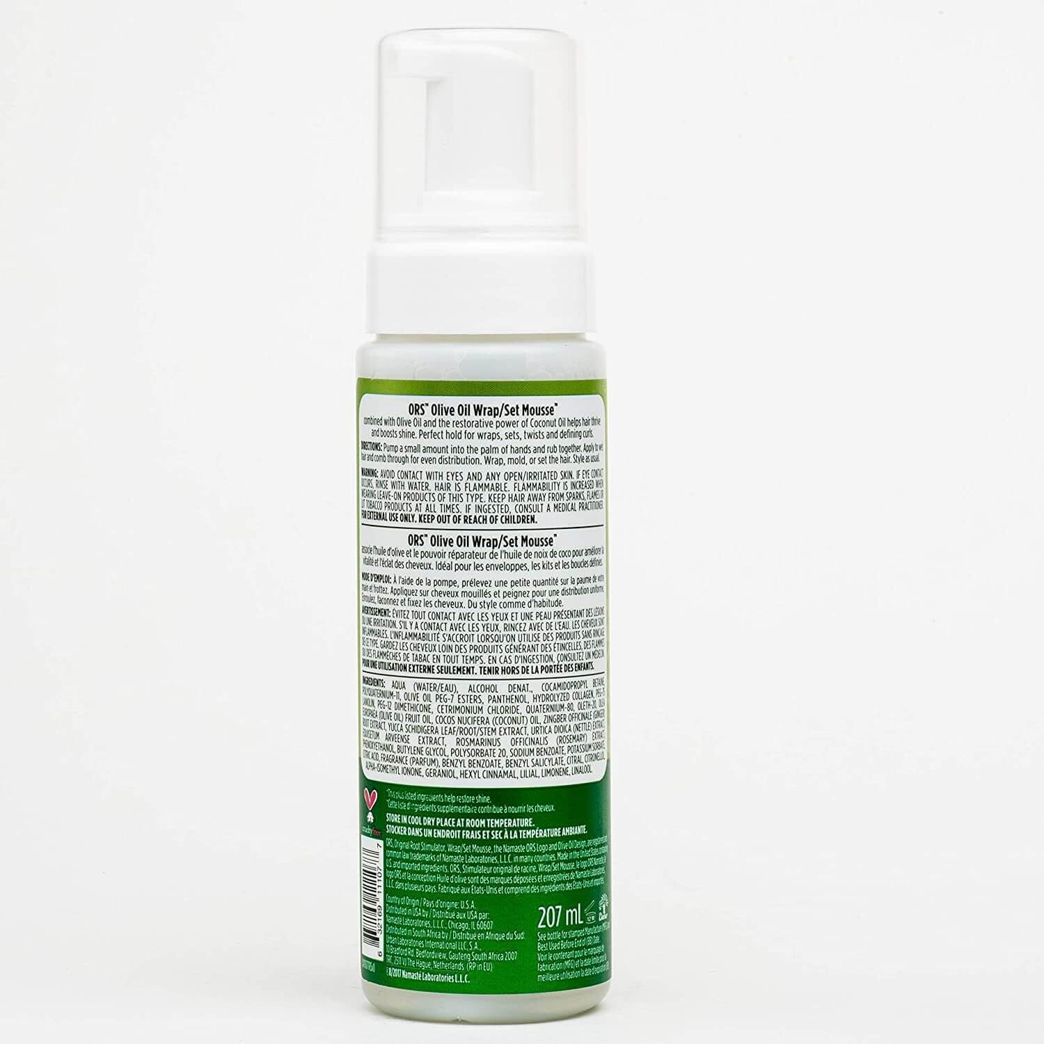 ORS Olive Oil Hold & Shine Wrap Set Mousse (7oz) back label showcasing ingredients and product details.