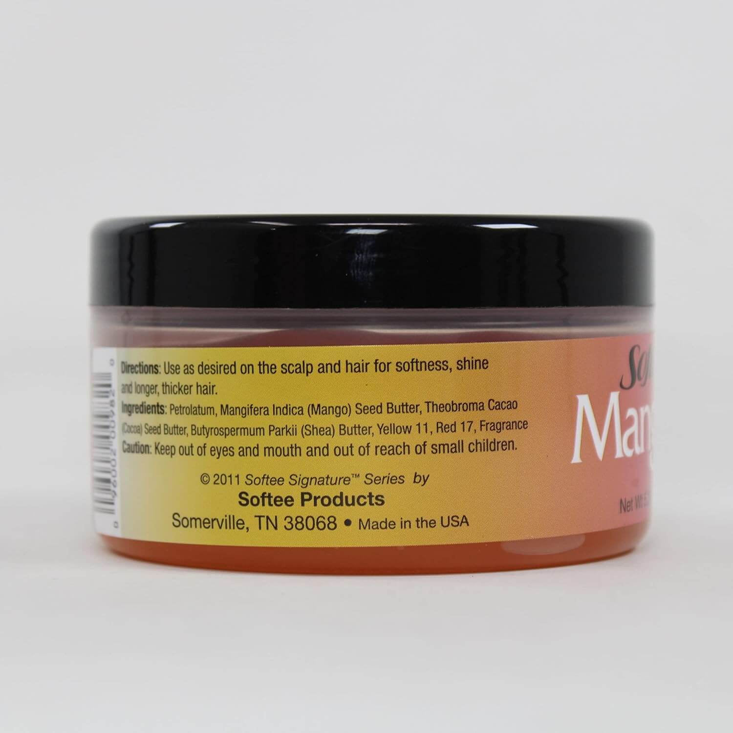 SOFTEE Signature Mango Hair Growth Treatment 5.25oz jar with ingredient details and directions for use.