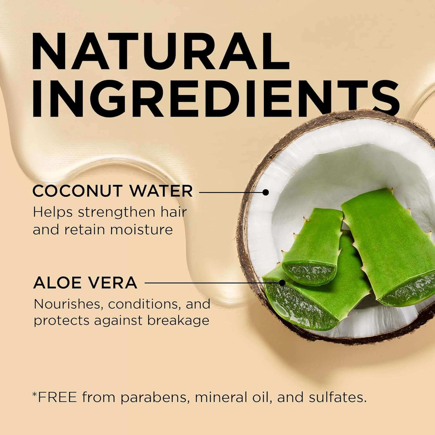 Natural ingredients in AFRICAN PRIDE Moisture Miracle Aloe & Coconut Water Pre-Shampoo, highlighting coconut water and aloe vera.