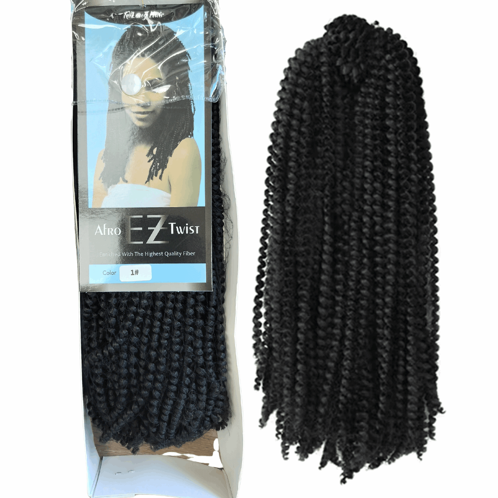 10" Afro EZ Twist springy Hair Extensions - 130g in packaging and displayed, perfect for enhancing natural curls and styles.
