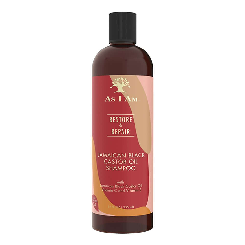 AS I AM Jamaican Black Castor Oil Shampoo (12oz) bottle with restore and repair benefits for textured hair.