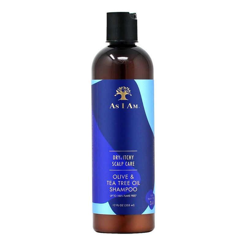 AS I AM Dry & Itchy Scalp Care Shampoo (12oz) bottle with blue label for soothing textured hair care.