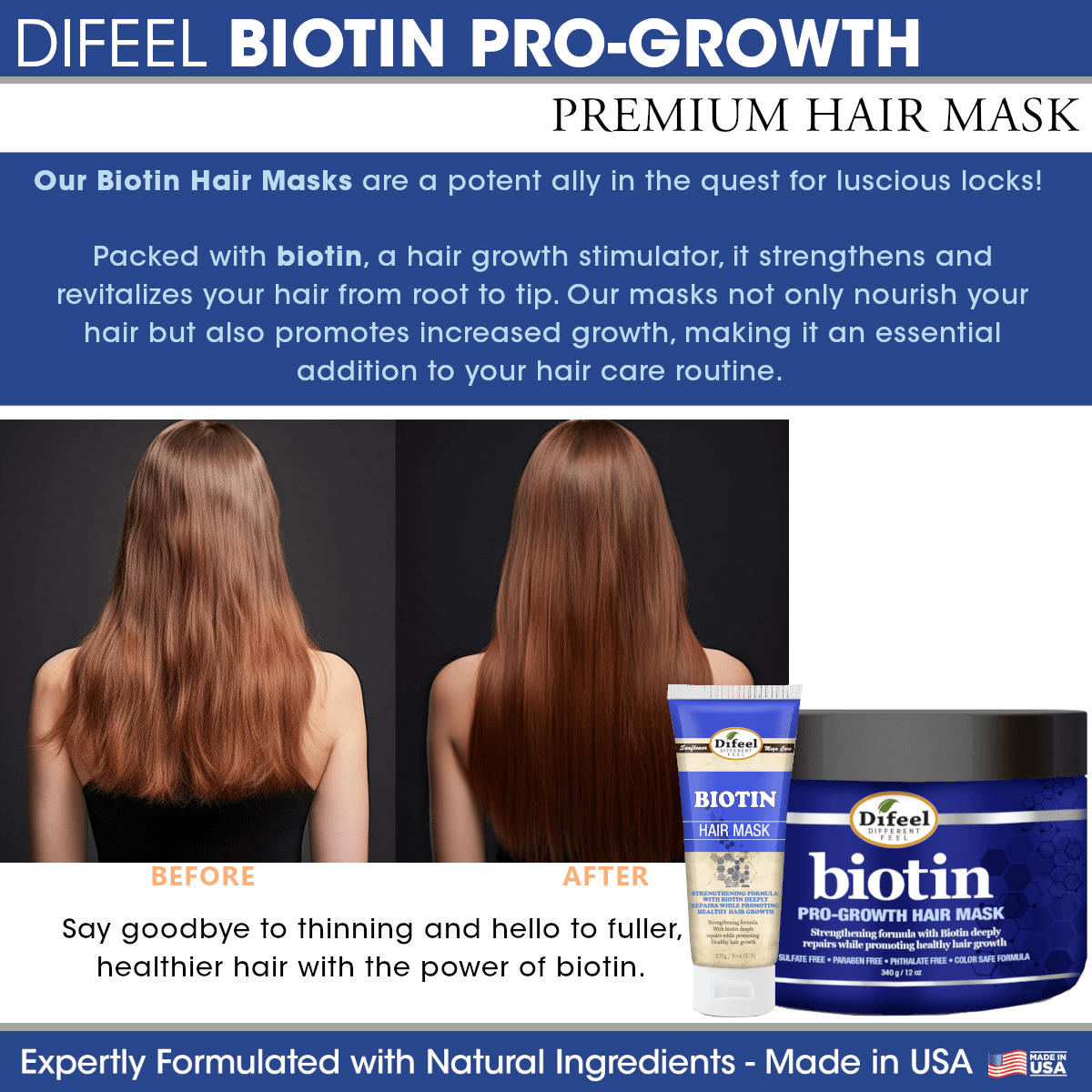 Difeel Biotin Pro-Growth Hair Mask before and after results showing healthier hair revitalization.