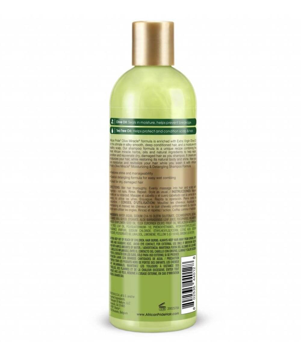AFRICAN PRIDE Olive Miracle 2-In-1 Shampoo & Conditioner (12oz) back label with ingredients and instructions.