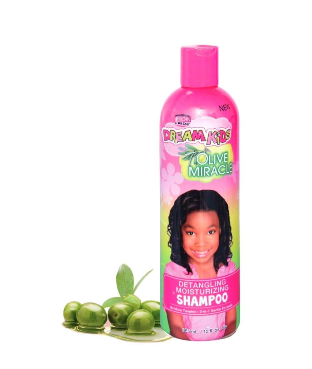 AFRICAN PRIDE Dream Kid Detangling Shampoo (12oz) bottle with olive oil and a smiling girl.