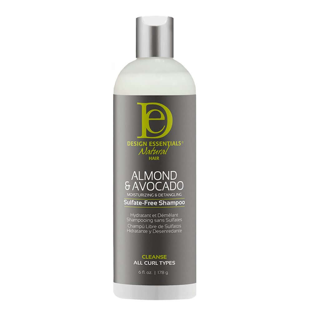 DESIGN ESSENTIALS Almond & Avocado Moisturizing & Detangling Sulfate-Free Shampoo bottle for healthy curls
