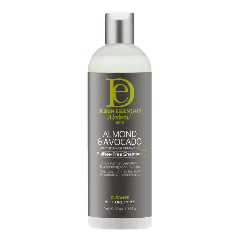 DESIGN ESSENTIALS Almond & Avocado Moisturizing & Detangling Sulfate-Free Shampoo bottle for textured hair care.