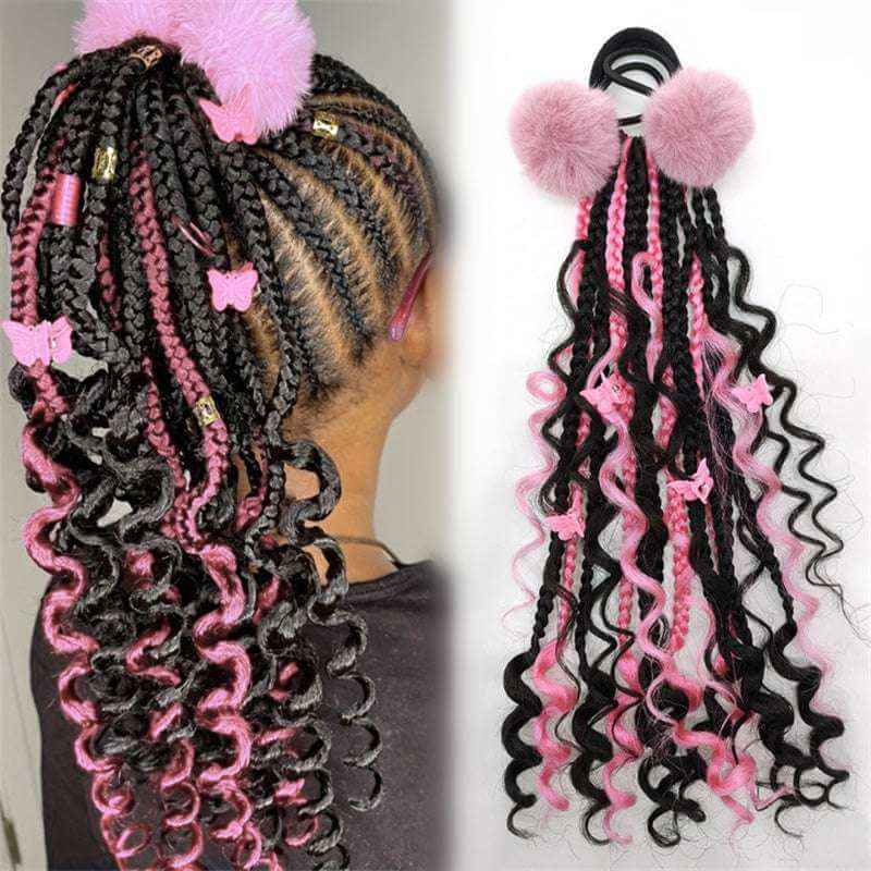 10" kids curly ponytail with fuzzy ball clips and butterfly clips