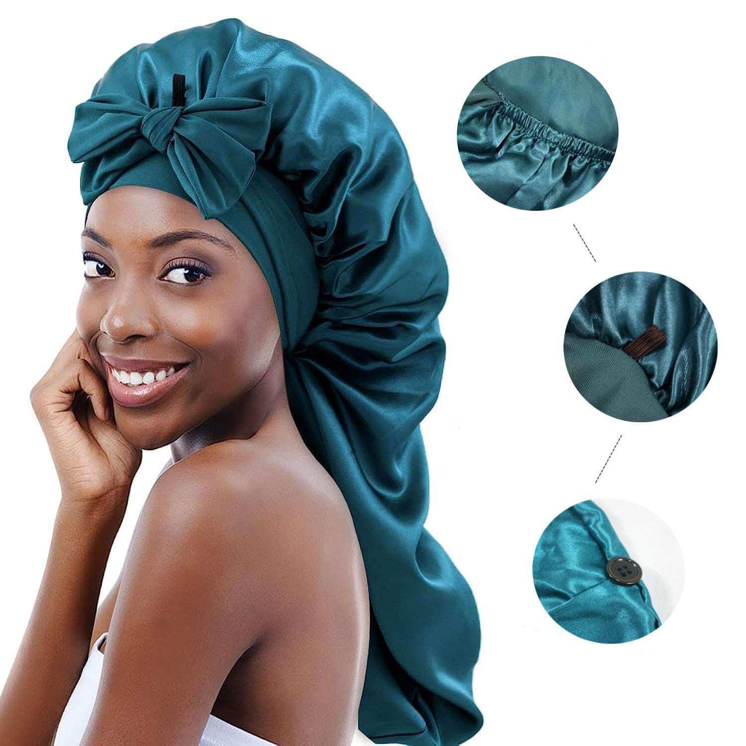 No Slip-Off Long Tie Band Adjustable Satin Bonnet Cap for Braids - Celegant Beauty