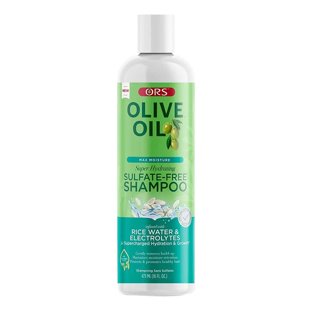ORS Max Moisture Sulfate Free Shampoo (16oz) bottle for super hydrating hair care with rice water and electrolytes.