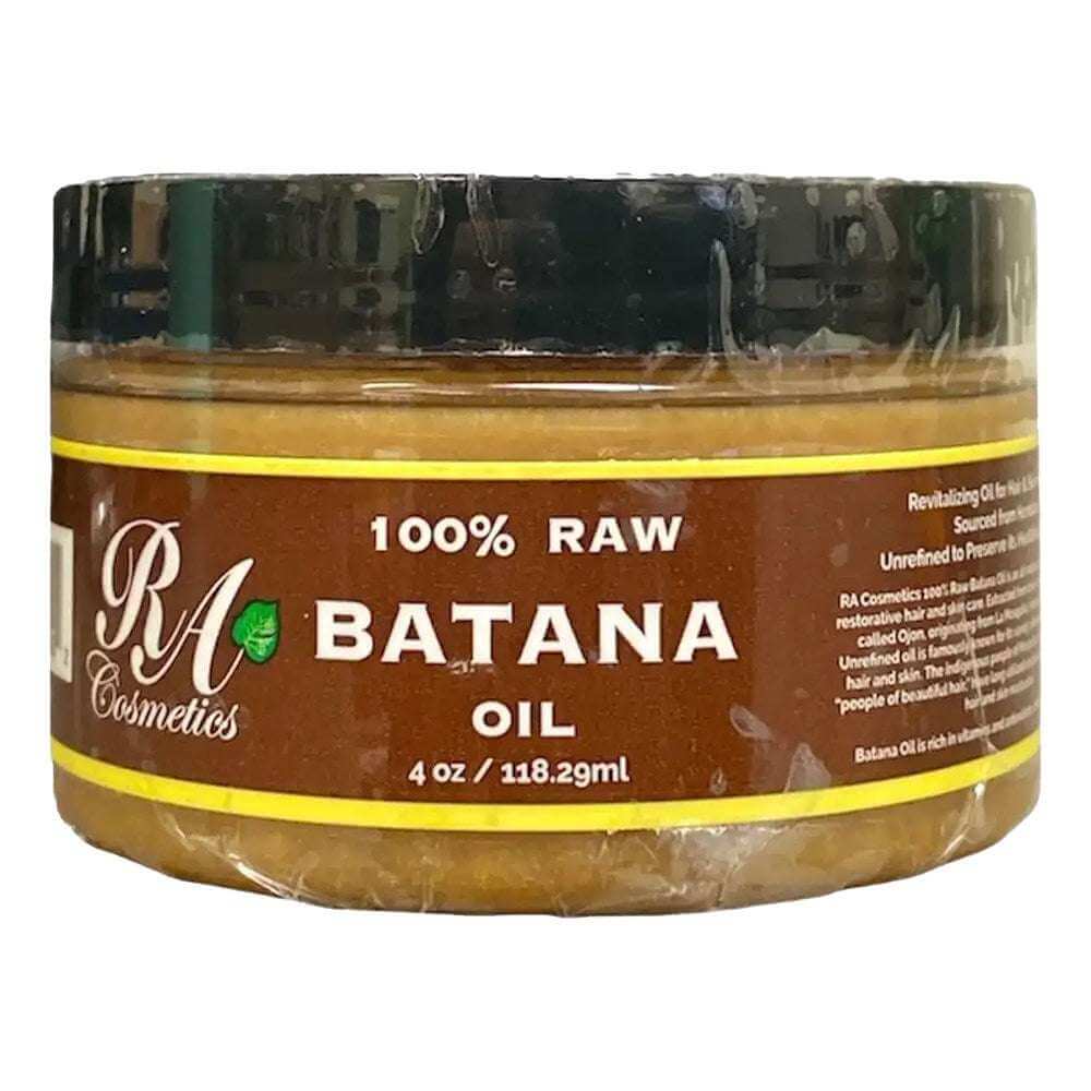 RA COSMETICS 100% Raw Batana Oil for hair (4oz) in a clear jar with a black lid, showcasing its restorative qualities.