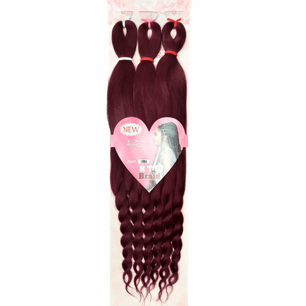29" Bella Collection RTG Braid Pre-stretched Braiding hair extension with curly ends - 270g in burgundy color.