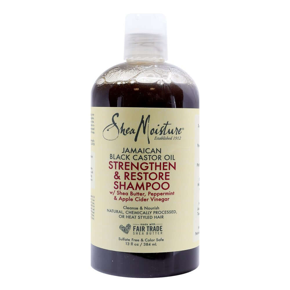 SHEA MOISTURE Jamaican Black Castor Oil Shampoo bottle for textured hair care and nourishment.
