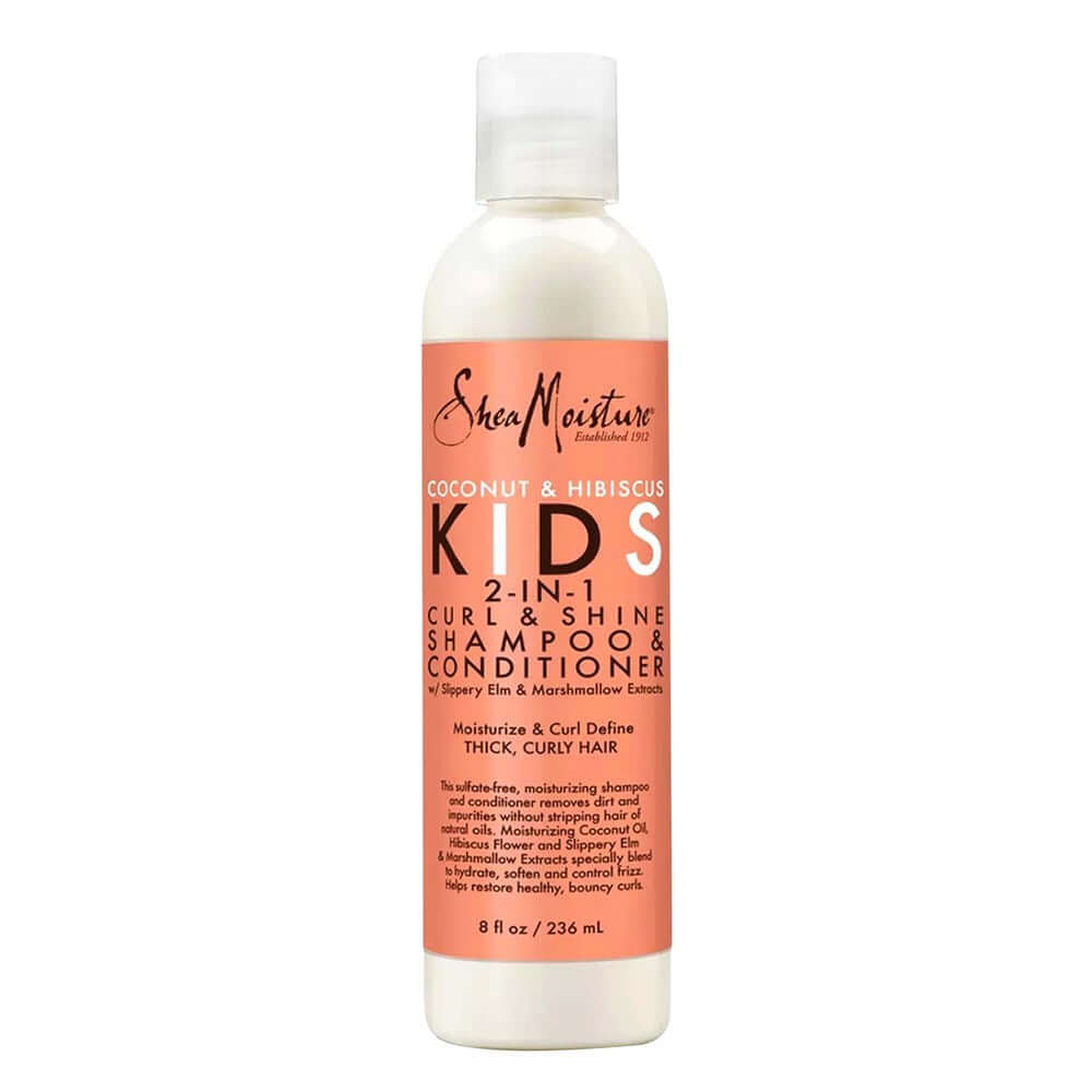 SHEA MOISTURE Kids Coconut & Hibiscus 2-In-1 Curl & Shine Shampoo & Conditioner (8oz) for thick, curly hair.