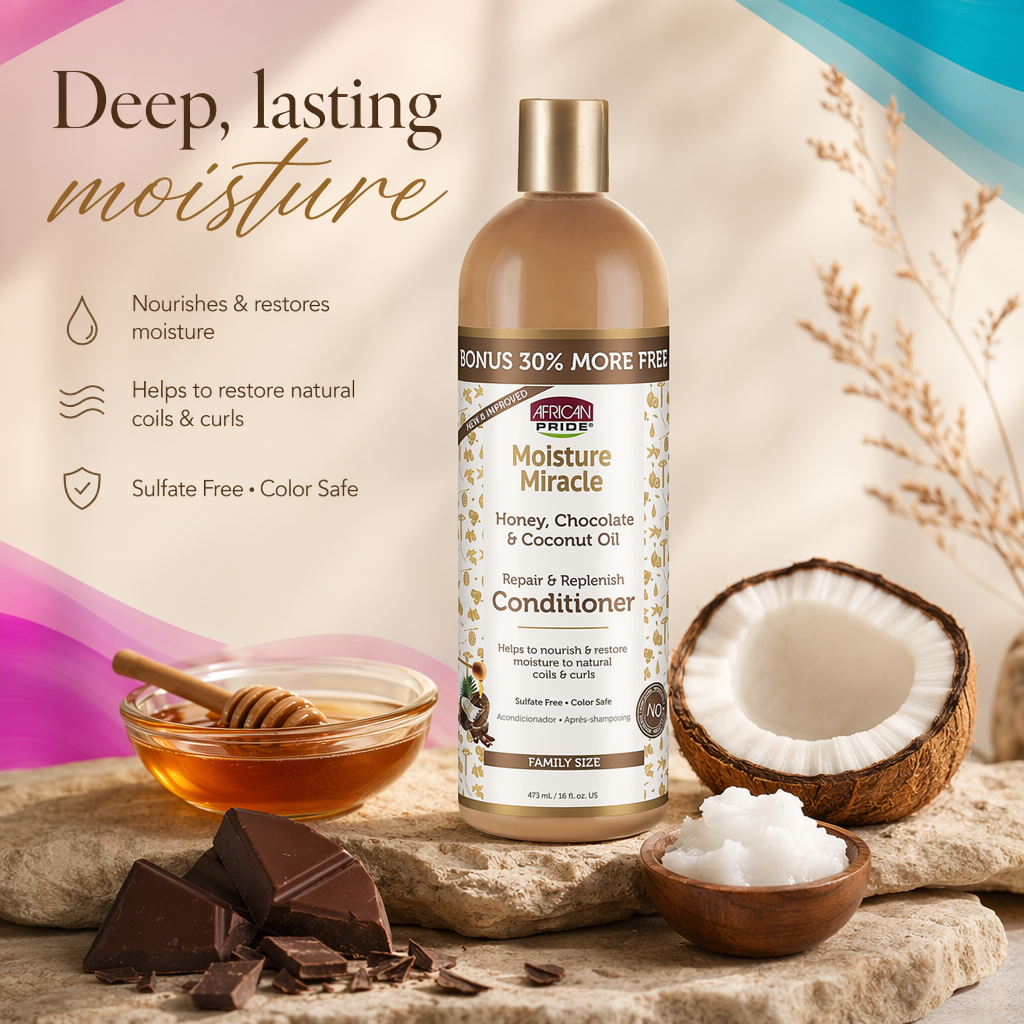 AFRICAN PRIDE Moisture Miracle Honey, Chocolate & Coconut Oil Conditioner (16oz) - benefit