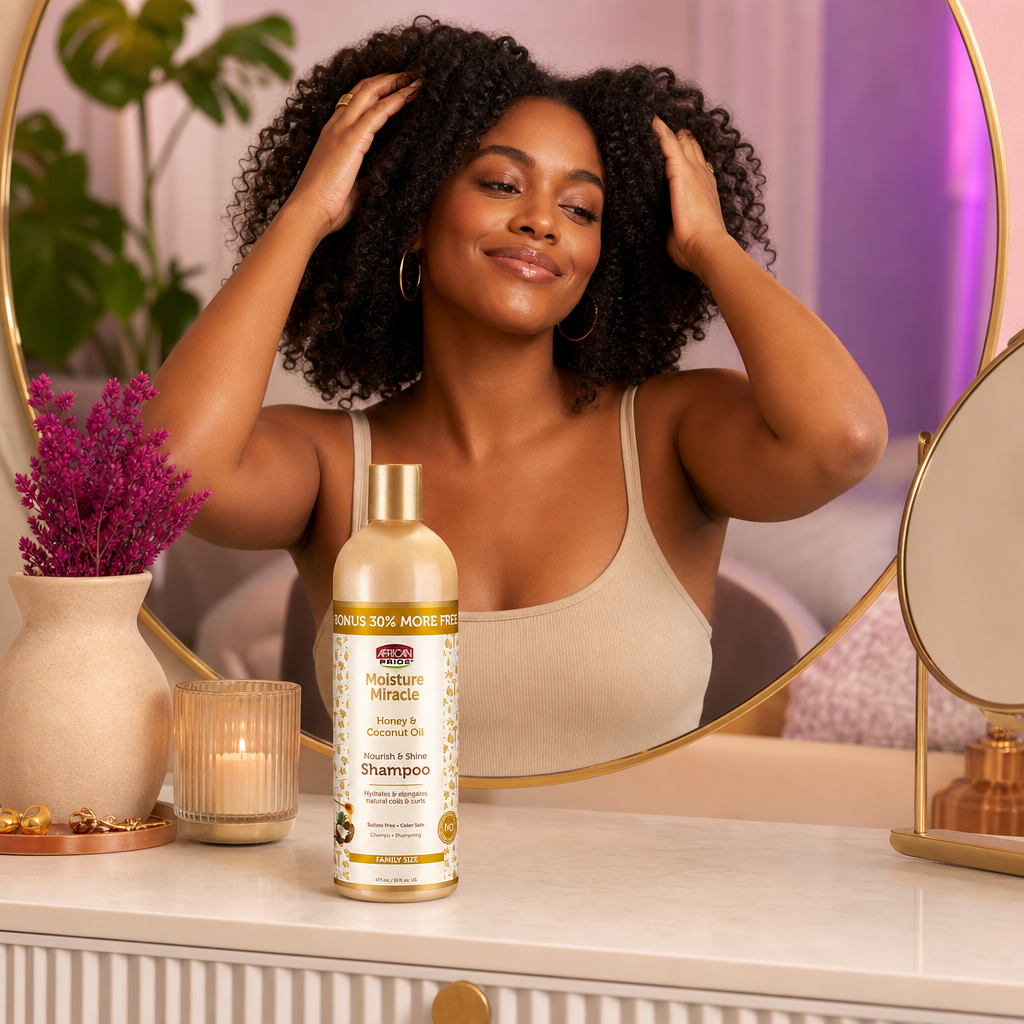 AFRICAN PRIDE Moisture Miracle Honey & Coconut Oil Shampoo (16oz) - usage