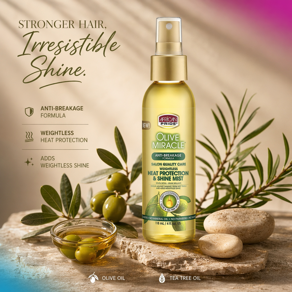 AFRICAN PRIDE Olive Miracle Heat Protection & Shine Mist (4oz) - benefit