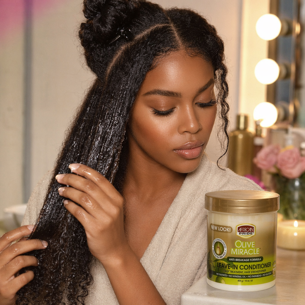 AFRICAN PRIDE Olive Miracle Leave-In Conditioner Creme (15oz) - usage