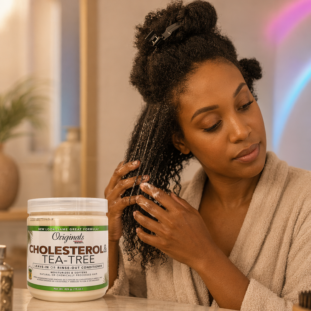 AFRICA'S BEST Originals Cholesterol & Tea-Tree Leave In or Rinse Out Conditioner (15oz) - usage