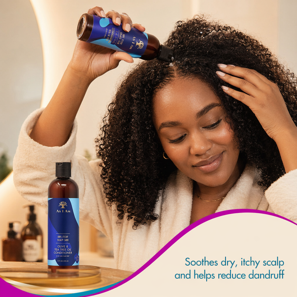 AS I AM Dry & Itchy Scalp Care Olive & Tea Tree Conditioner (12oz) - usage