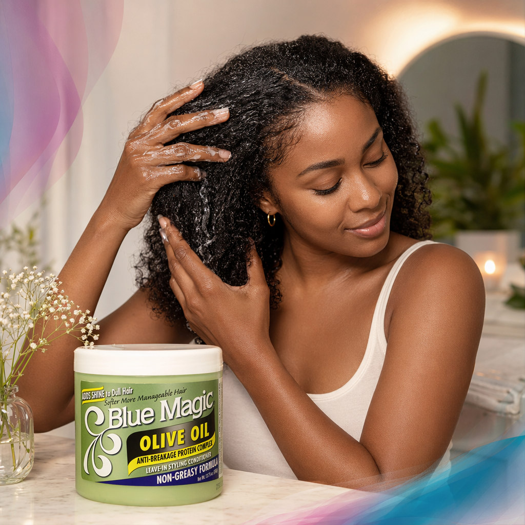 BLUE MAGIC Olive Oil Leave In Styling Conditioner (13.75oz) - usage