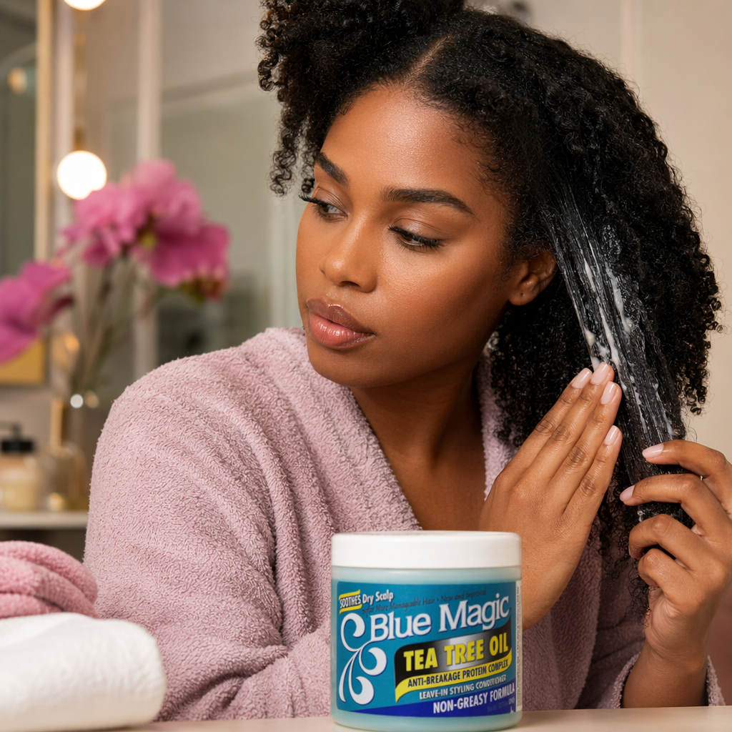 BLUE MAGIC Tea Tree Oil Leave In Styling Conditioner (13.75oz) - usage