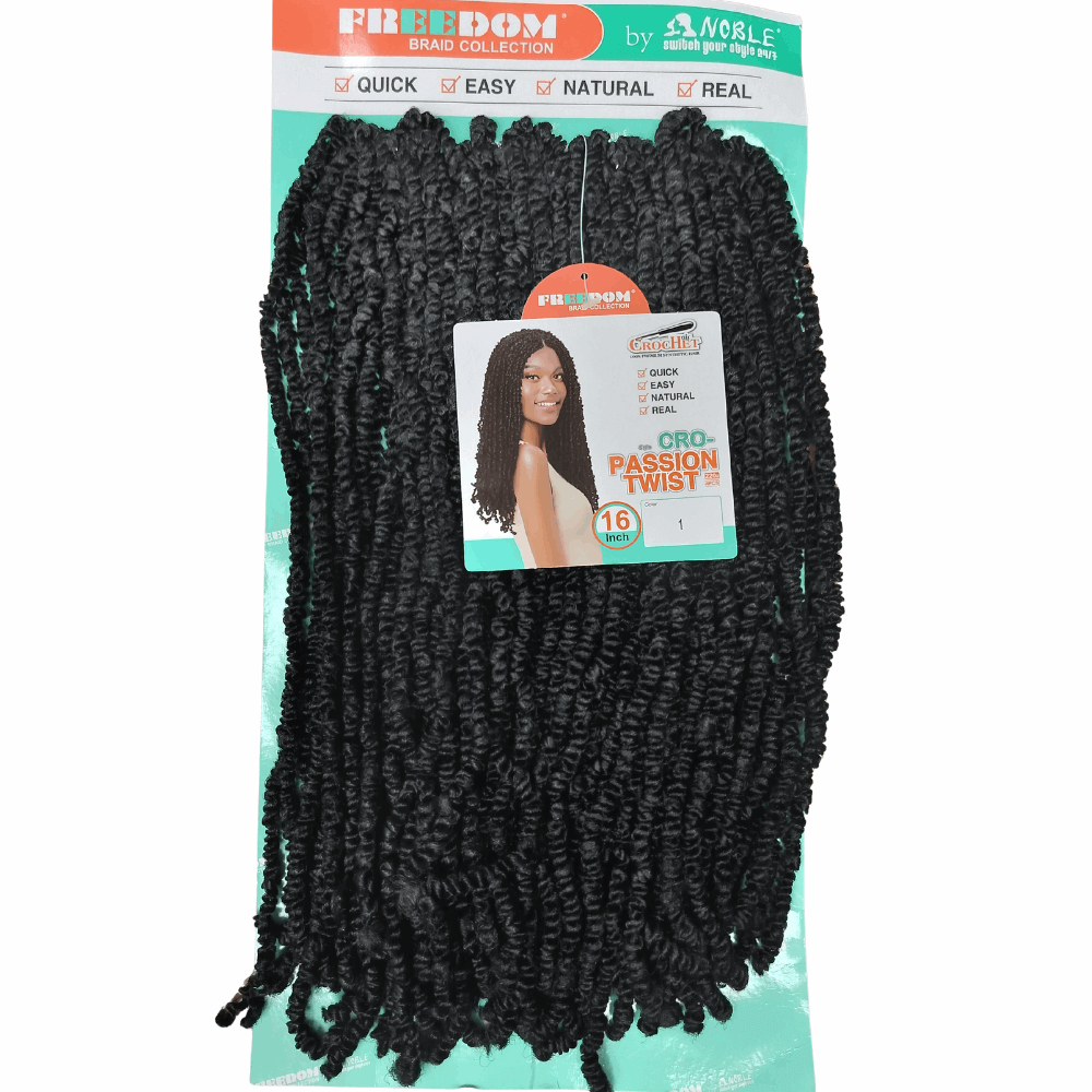 16" Freedom Crochet Passion Twist Kinky Braids - Color 1 by Celegant Beauty on a package with textured braids.
