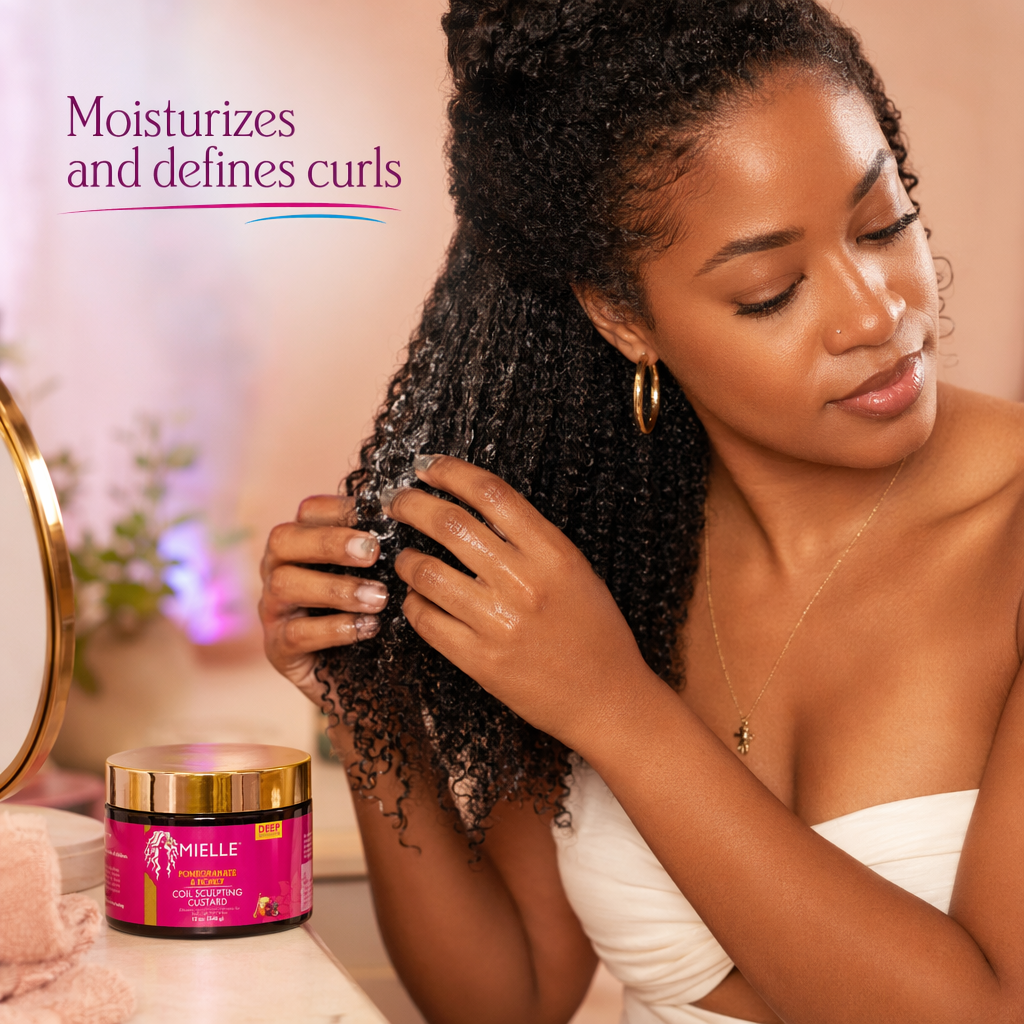 MIELLE Pomegranate & Honey Coil Sculpting Custard (12oz) - usage