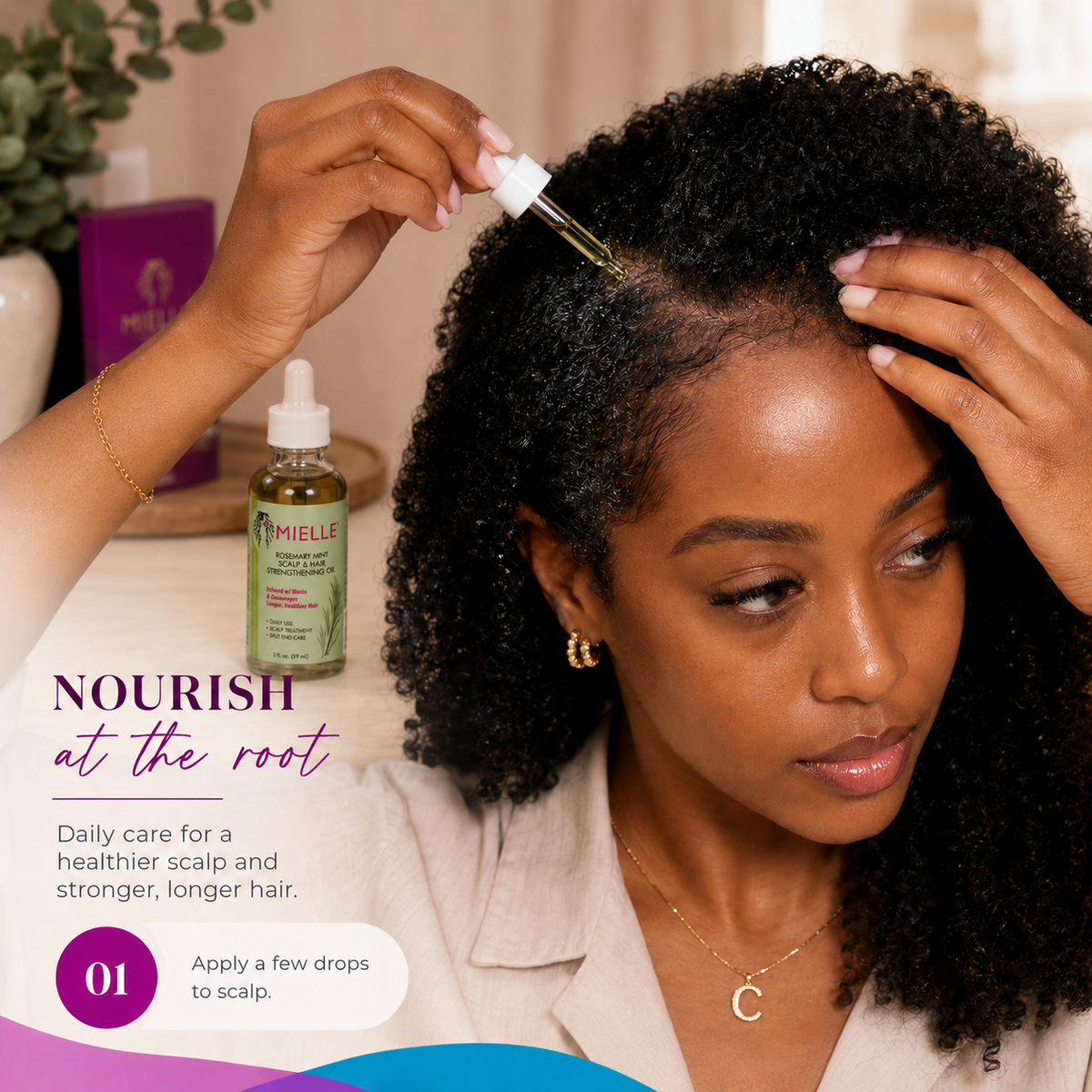 Mielle Rosemary Mint oil application graphic for Celegant Beauty