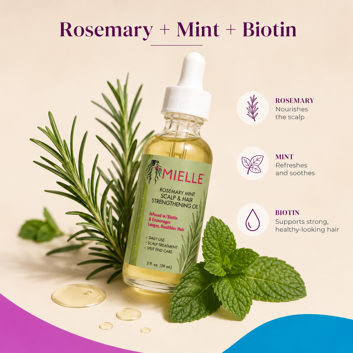 Mielle Rosemary Mint oil rosemary mint biotin benefit graphic for Celegant Beauty