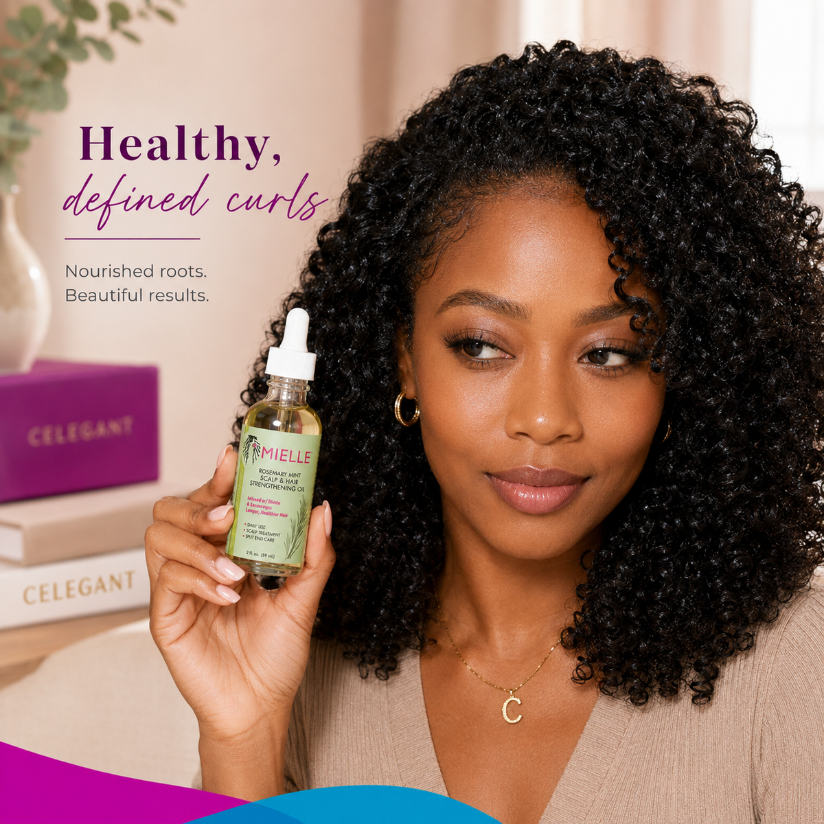 Mielle Rosemary Mint oil healthy curls result graphic for Celegant Beauty