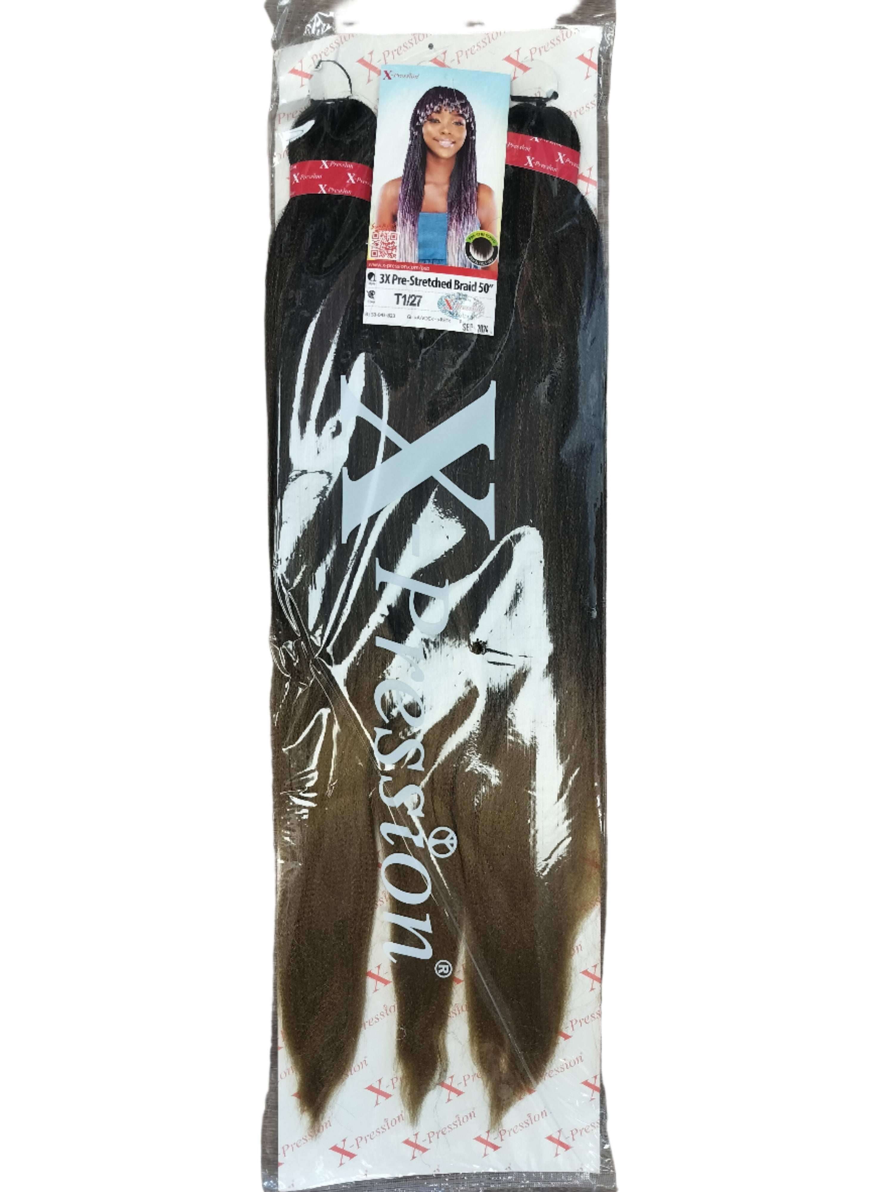 50" X-Pression Prestretched 3X Braiding Hair Extension - 240g packed and ready for braiding with smooth strands.