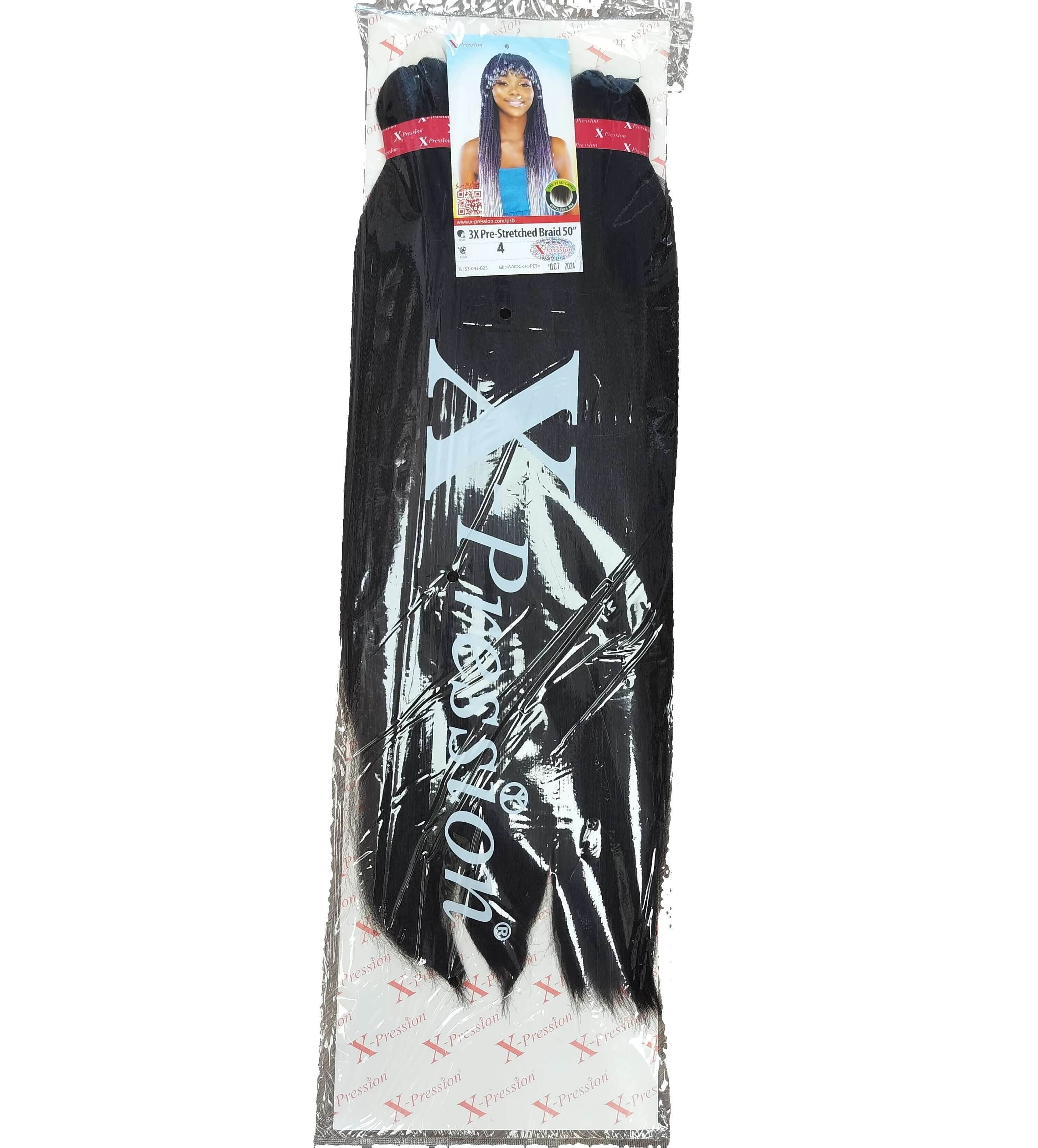 50" X-Pression Prestretched 3X Braiding Hair Extension - 240g in packaging for effortless braiding.