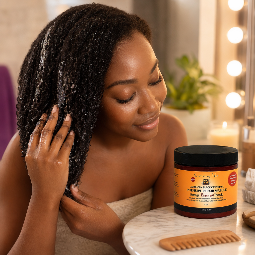 SUNNY ISLE Jamaican Black Castor Oil Intensive Repair Masque (16oz) - usage
