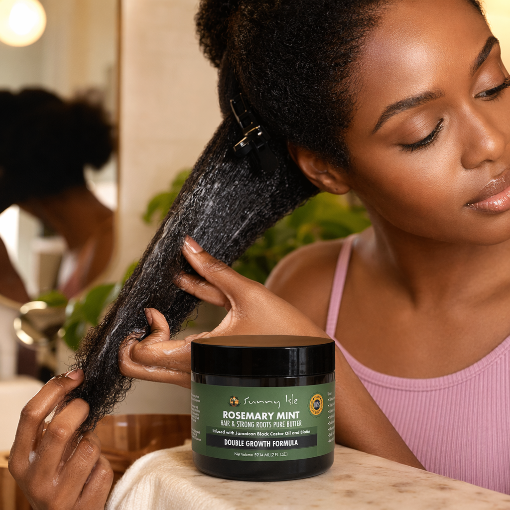 SUNNY ISLE Rosemary Mint Hair & Strong Root Pure Butter - usage