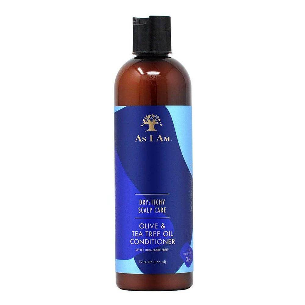 AS I AM Dry & Itchy Scalp Care Olive & Tea Tree Conditioner (12oz) bottle with soothing label design.