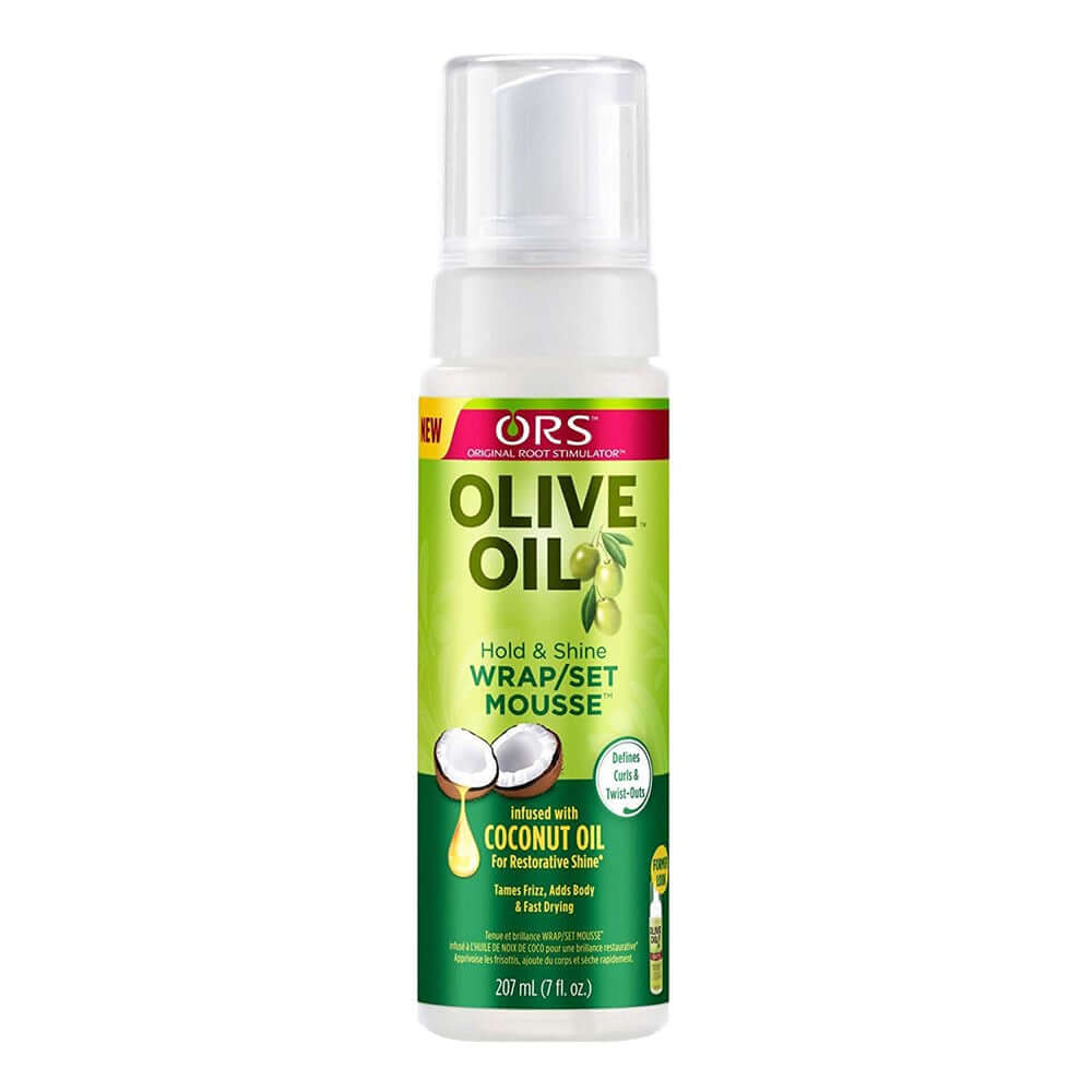 ORS Olive Oil Hold & Shine Wrap Set Mousse 7oz in a pump bottle for hair styling and shine enhancement.