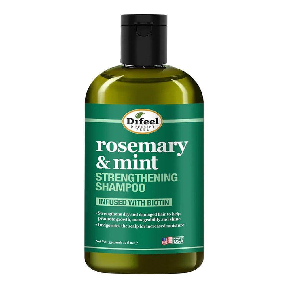 Difeel Rosemary Mint Strengthening Shampoo (12oz) bottle, infused with Biotin for healthy hair growth.