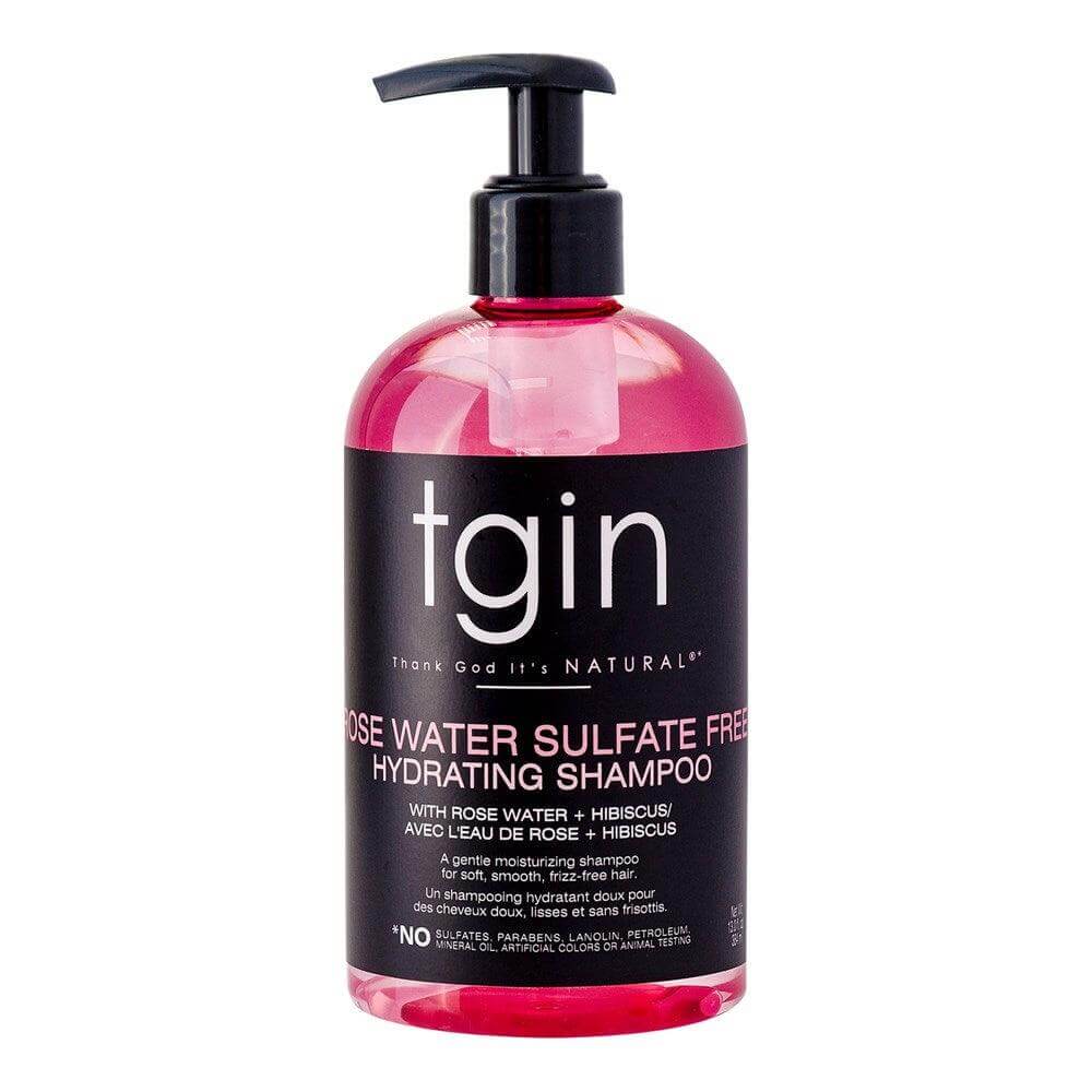 TGIN Rose Water Sulfate Free Hydrating Shampoo (13oz) in a pink bottle with pump top, designed for textured hair.